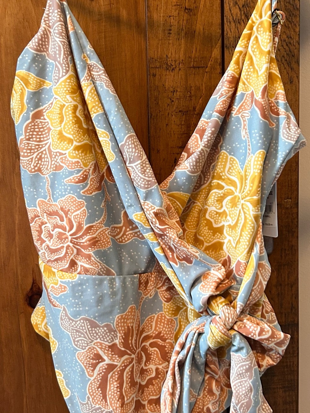 Amuse Society Blue Floral Tie-Front Swim Cover with Yellow & Brown Accents